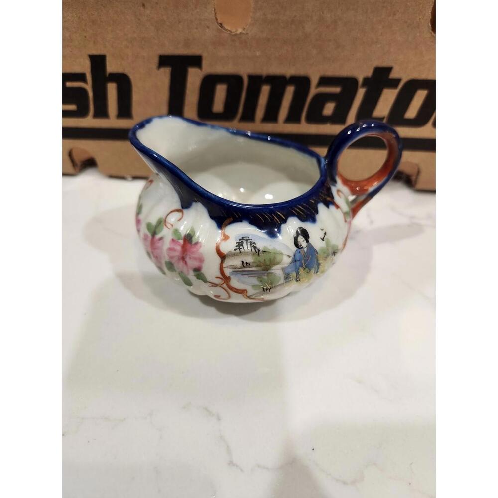 Nippon Creamer 4" Long Hand Painted Flower Cobalt Gold Floral